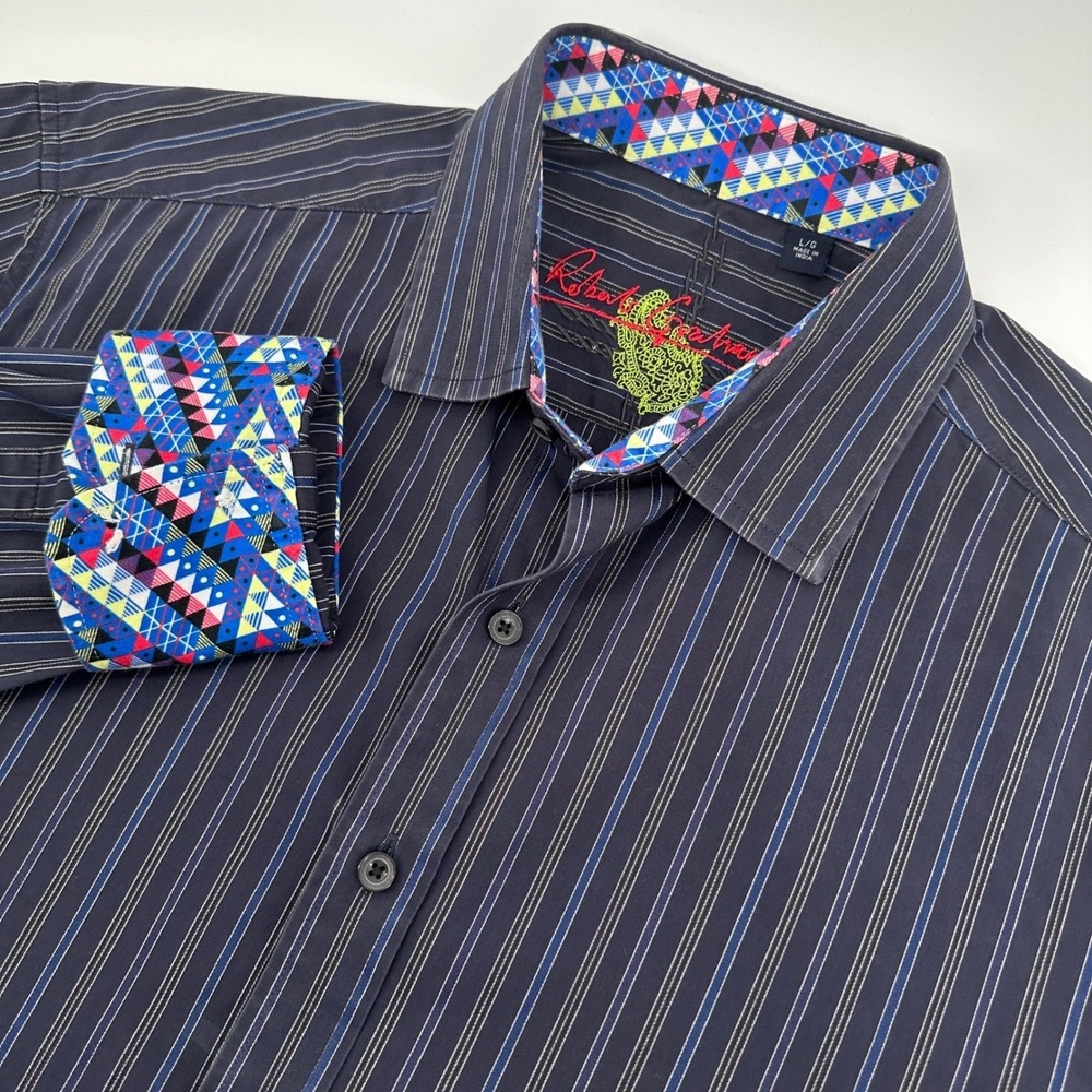 Robert Graham Button Down Men's Large Navy Blue Striped Geometric Trim L/S Shirt